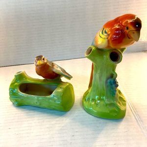 Vintage Ceramic Bird on Log  card & pen holder& parrot bud vaseCzechoslovakia